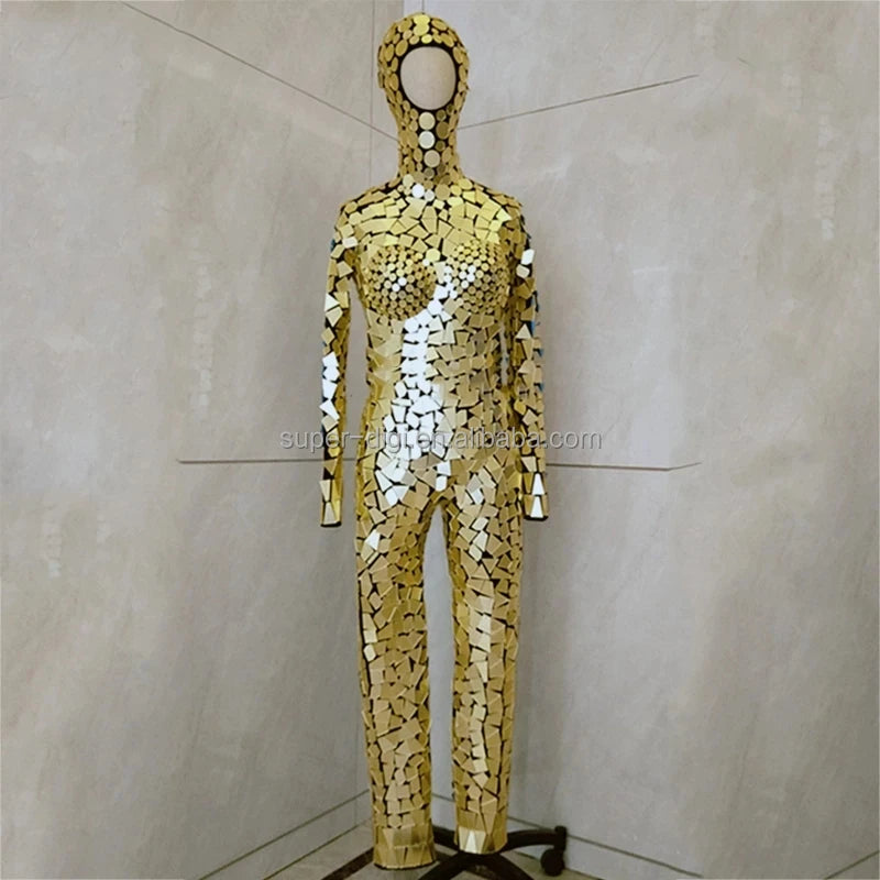 Party Singer Mirror Jumpsuit Women Long Sleeves Hooded Sequins Bodysuit Stage Performance Outfit Gogo Costume Festival Cloth