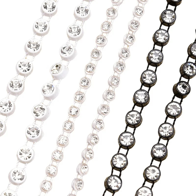 1.5-5mm Single Row Rhinestone Thread White Black Plastic Base Glass Crystal Lace Trim