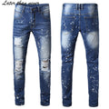 Cotton Blue Denim Ripped Straight Style Jeans for Men White Dot Spray Painting Distressed Slim Fit Pants Plus Size Available