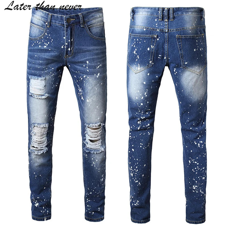 Cotton Blue Denim Ripped Straight Style Jeans for Men White Dot Spray Painting Distressed Slim Fit Pants Plus Size Available