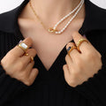 Unique Design Trendy Gold Plated Stainless Steel Hoop Pendant Choker Freshwater Pearl Necklace for Women Girl Gift P119