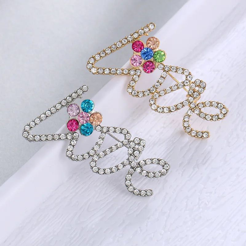 Minimalist "Love" Letter Brooch - Alloy Rhinestone Corsage Clothing Accessory Collar Decoration Wholesale in Stock