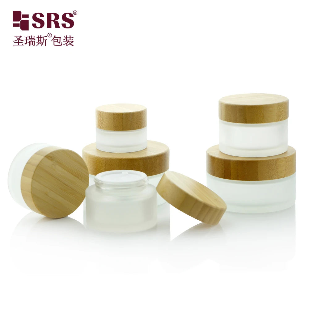 Frosted Glass Jar  Empty Glass Cosmetic Jars 100ml 50 ml 30 ml 15 ml Glass Jar With Bamboo Lid for Face Cream