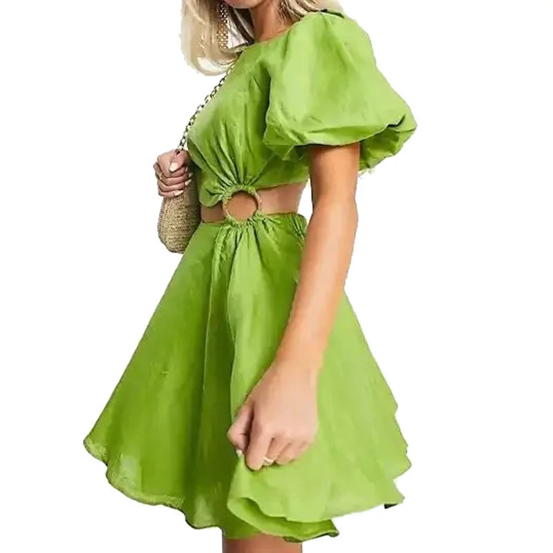 Fashion Custom Lady Breathable Chiffon Ruffle Half Trumpet Sleeve Dress A-Line Pleated Mini Dress Hollow Waist Dress Summer