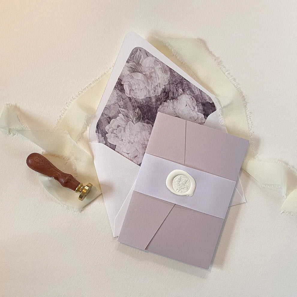 Lavender Floral Trifold Pocket Quinceanera Wedding Invitation With Custom Printed Liner Envelope