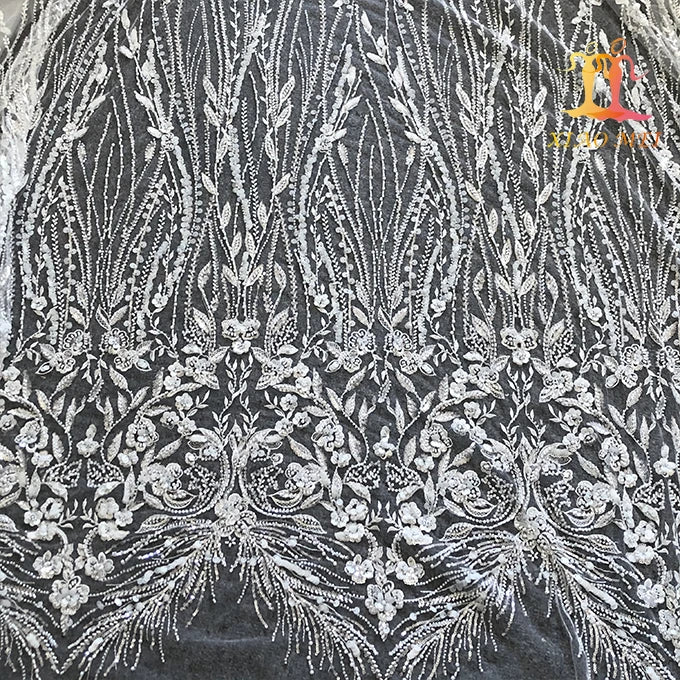 High Quality Eco-Friendly 100% Polyester Milky White Sequins Fancy Embroidery Bridal Couture Mesh Lace Fabric XM-BF0560