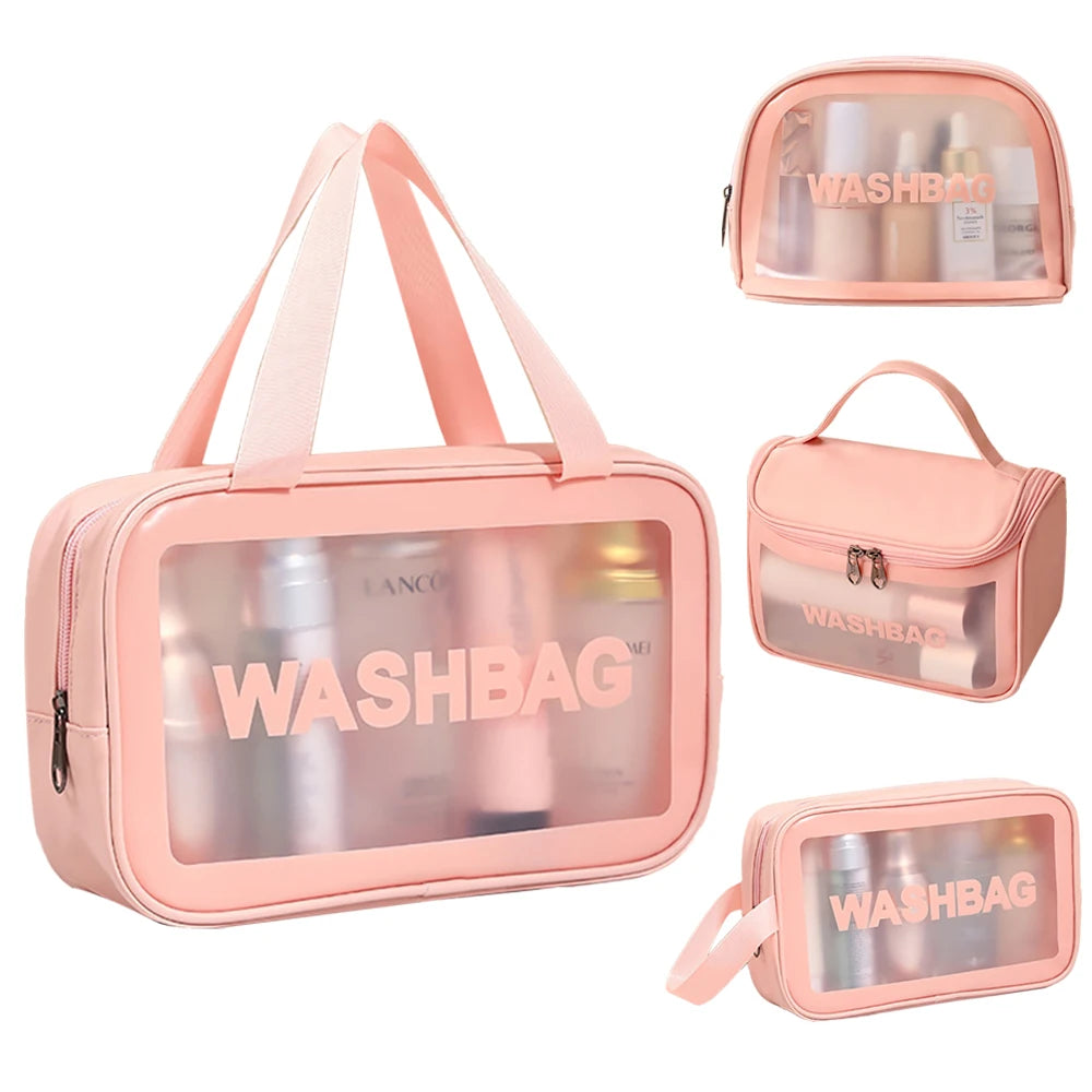Logo Printed Customize PU Leather Wash Toilet Zipper Bag Set with Frosted Window Waterproof Travel Organizer Storage Bag