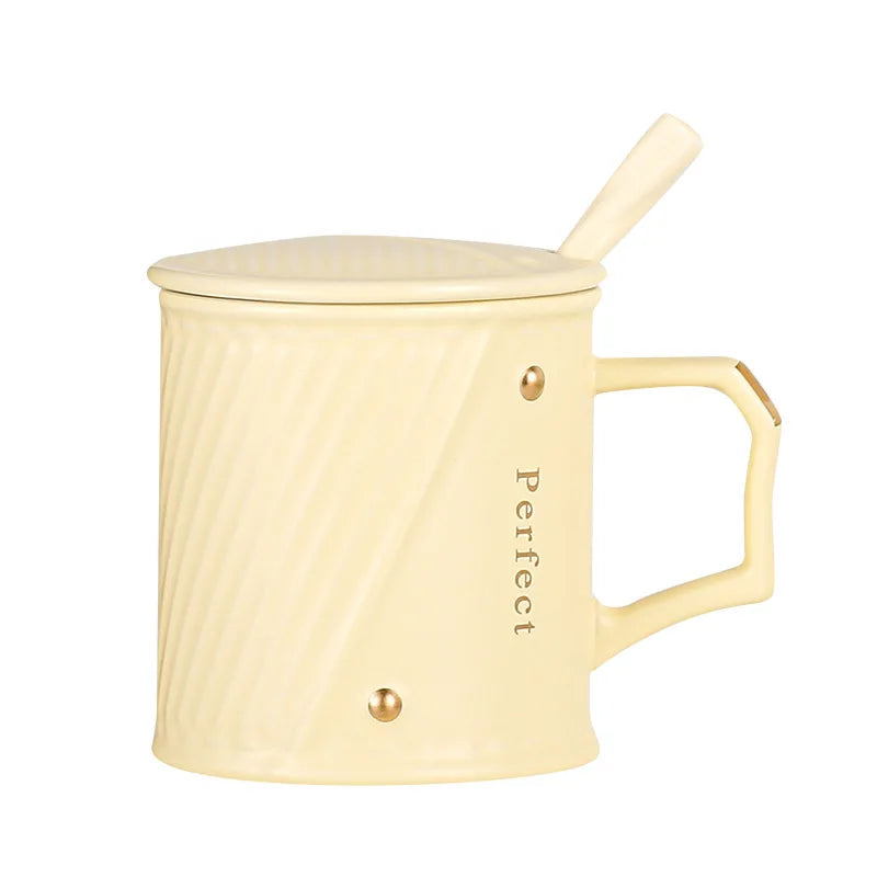 Ceramic Cup Coffee Mug Afternoon Tea Light Luxury Twill Gold Mug Business Gift Milk Mug Office Home Couple Ceramic Cup With Lid