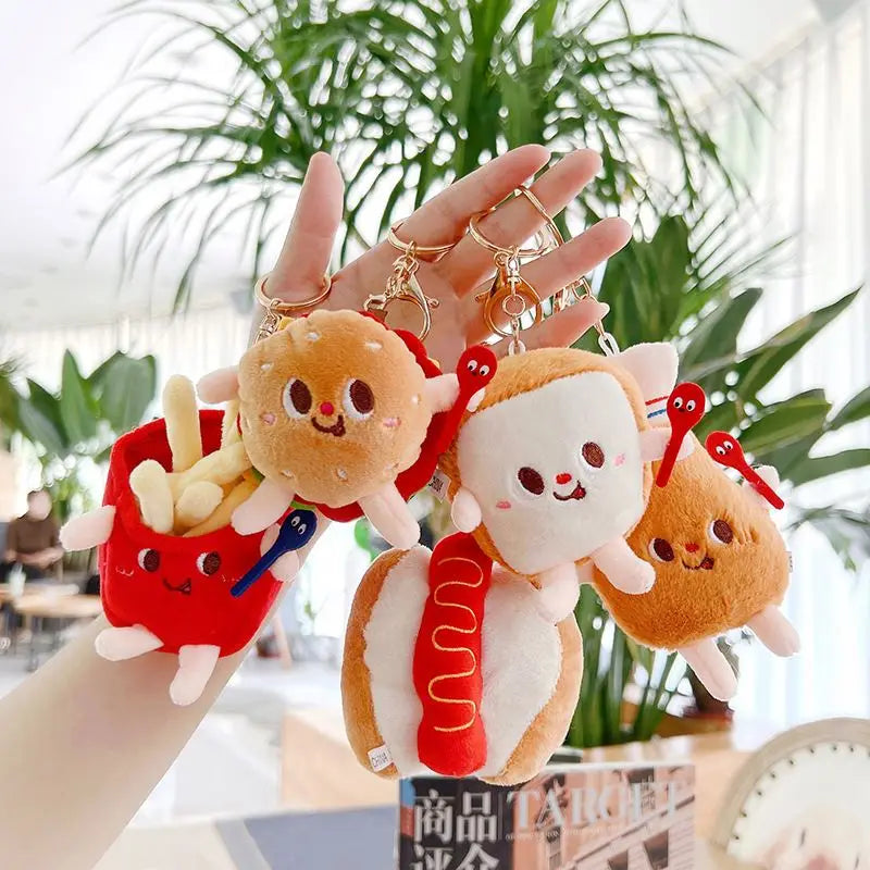Kawaii Food Keychain Cute Bread Hamburger Hot Dog French Fries Plush Doll Stuffed Plush Keychains Toys Grab Machine Dolls Toy