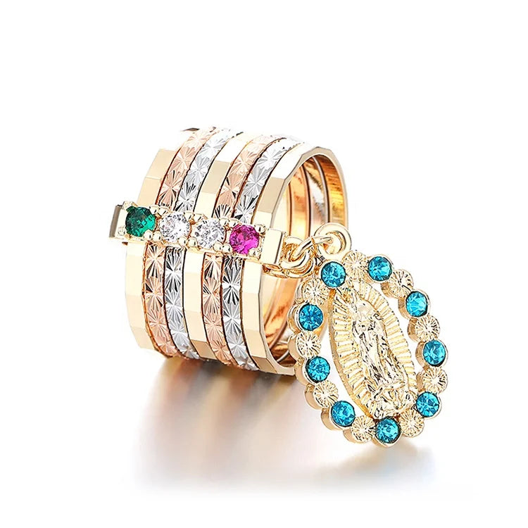 Wholesale 18K Gold Factory Blue Colorful Fine Gold Waterproof Fashion Diamond Wide Brass Rings Jewelry for Women Wholesale