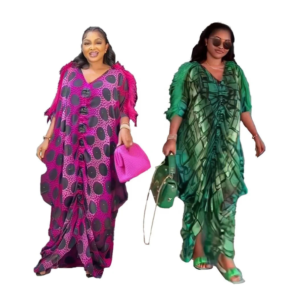 Morden Style African Print Dresses Ostrich Feather on Chiffon African Women Dress Two Piece Summer Dresses Women