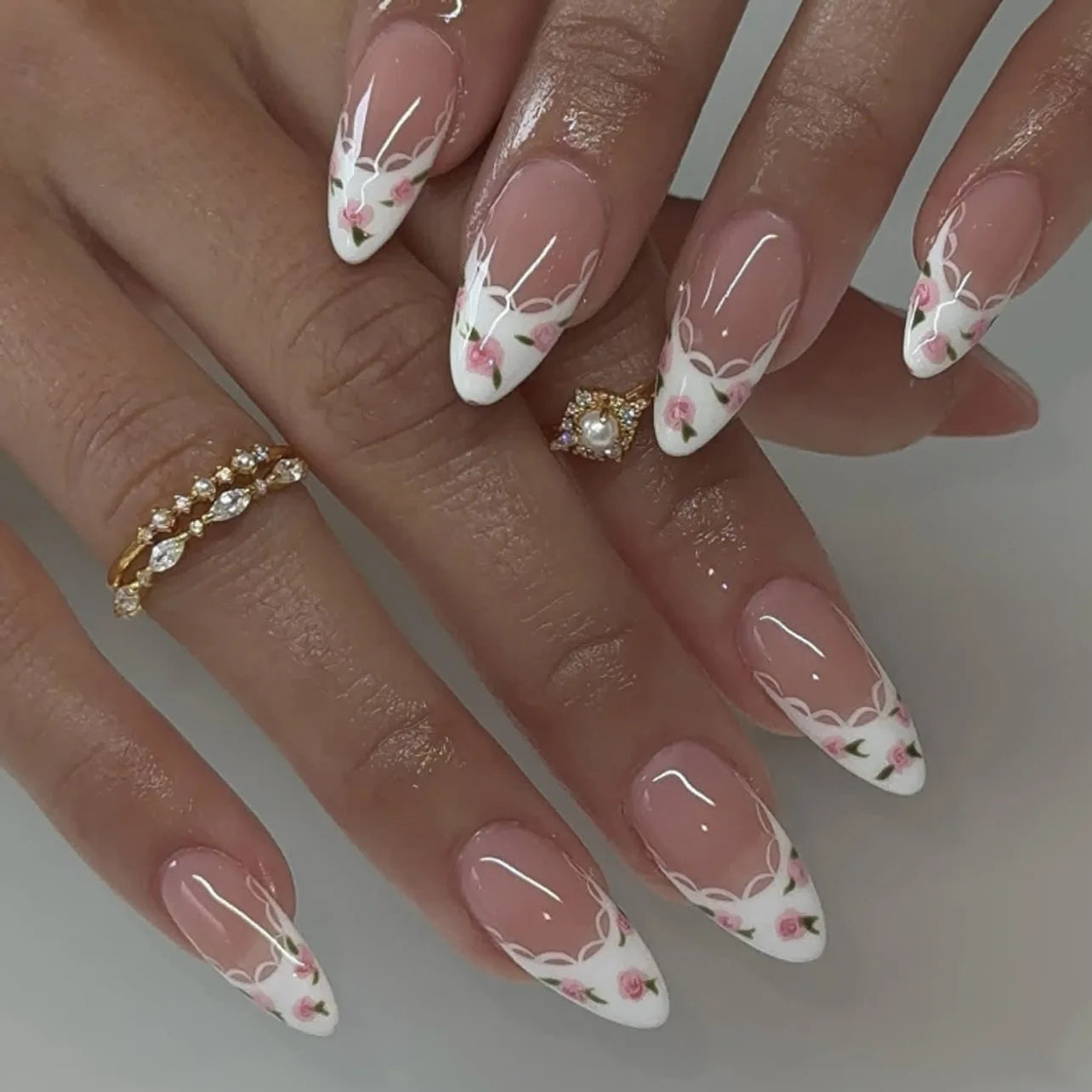 French French Stiletto Art False Nail Press on Finger Fake Nails ABS Pink Flower Full Cover Artificial Fingernail Customized