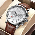 LIGE LG9866 Brown Leather 3 Subdials Watch for Men Analog Quartz Chronograph Waterproof Luminous Designer Men Wrist Watch+ Box