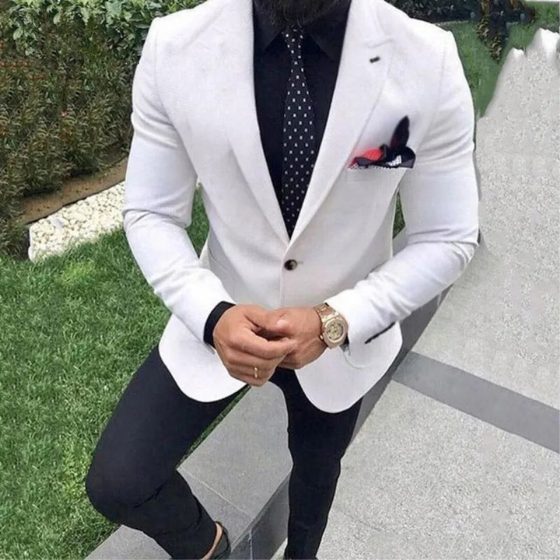 Tailored Made Latest Design White Wedding Men Suits With Black Pant Groom Business Men Tuxedos 2 Pieces Sets(Jacket+Pants)