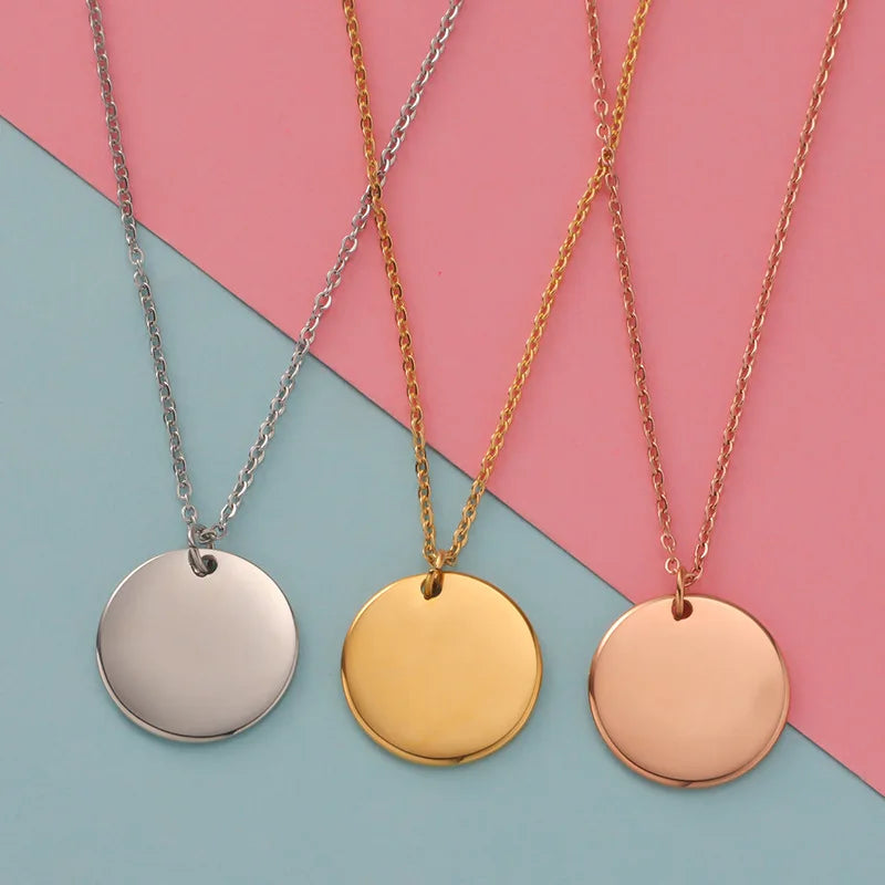 Fashion Jewelry  Necklace Blank Round  Pendant Stainless Steel Logo  Necklace With With Custom Laser Engraved Logo