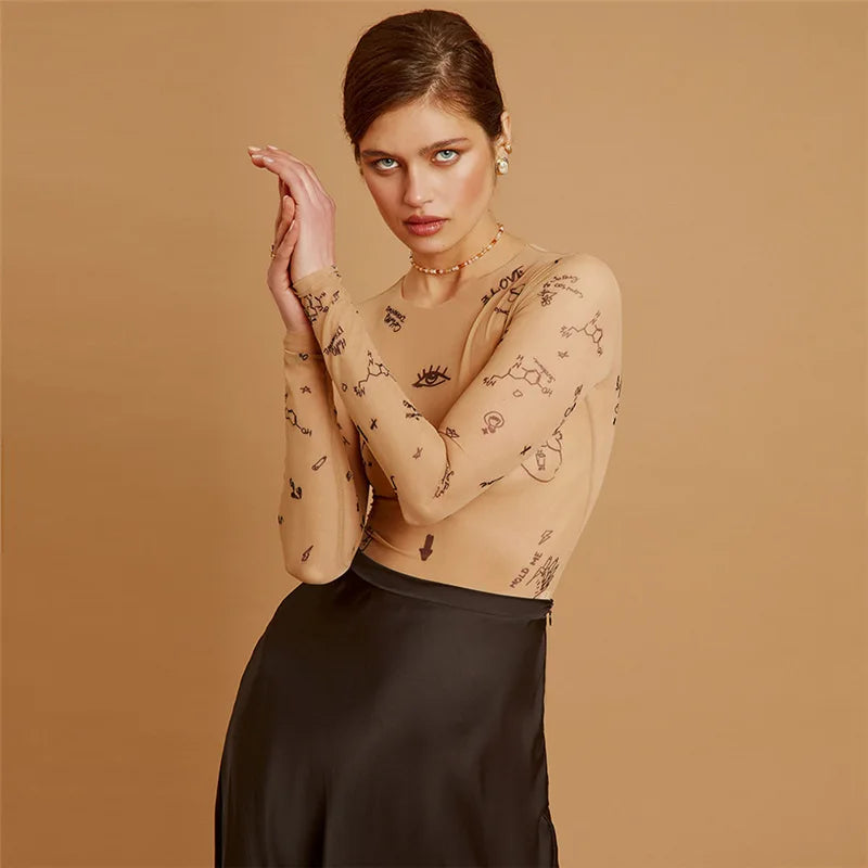 Spring Print Letter Mesh Long Sleeve Slim Women Bodysuit New Simple Casual See Through Streetwear Basic Bodysuit