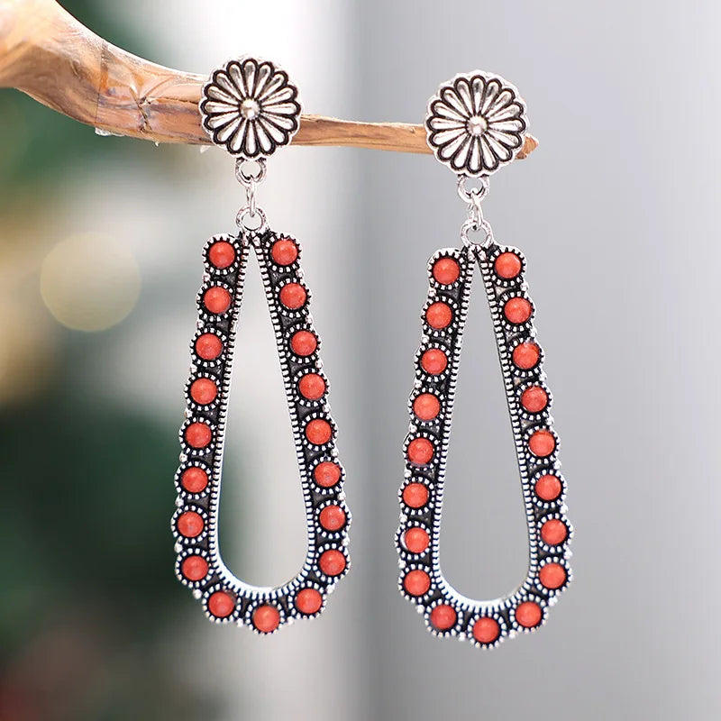 Vintage Western Style Crescent Shape Tassel Turquoise Earring for Woman