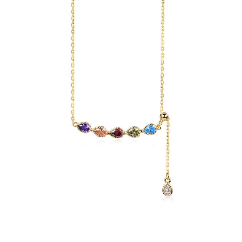 New Design Unique Rainbow CZ Tear Drop Long Bar Necklace in Sterling Silver 925