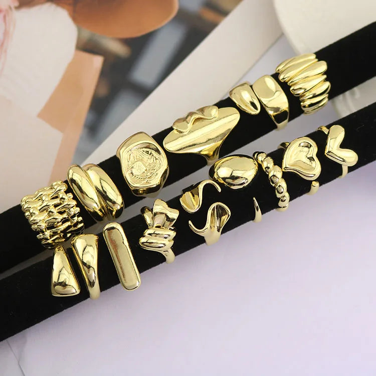 RA1171 Unique Stylish Boho Chunky Thick Wide Shiny Smooth 18K Gold Plain Multiple Layered Adjustable Statement Ring for Women