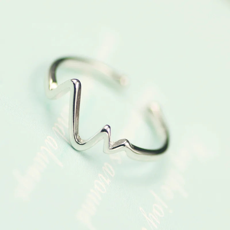 925 Sterling Silver Heartbeat Adjustable Ring for Fashion Women Party Fine Jewelry Minimalist Punk Accessories