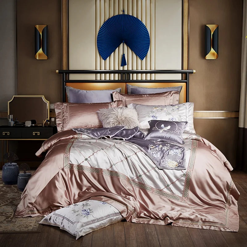 European Style pink Cotton Queen king Adult Embroidery Quilt Cover Queen Size Grey Bed Sheet High-end Bedding Set