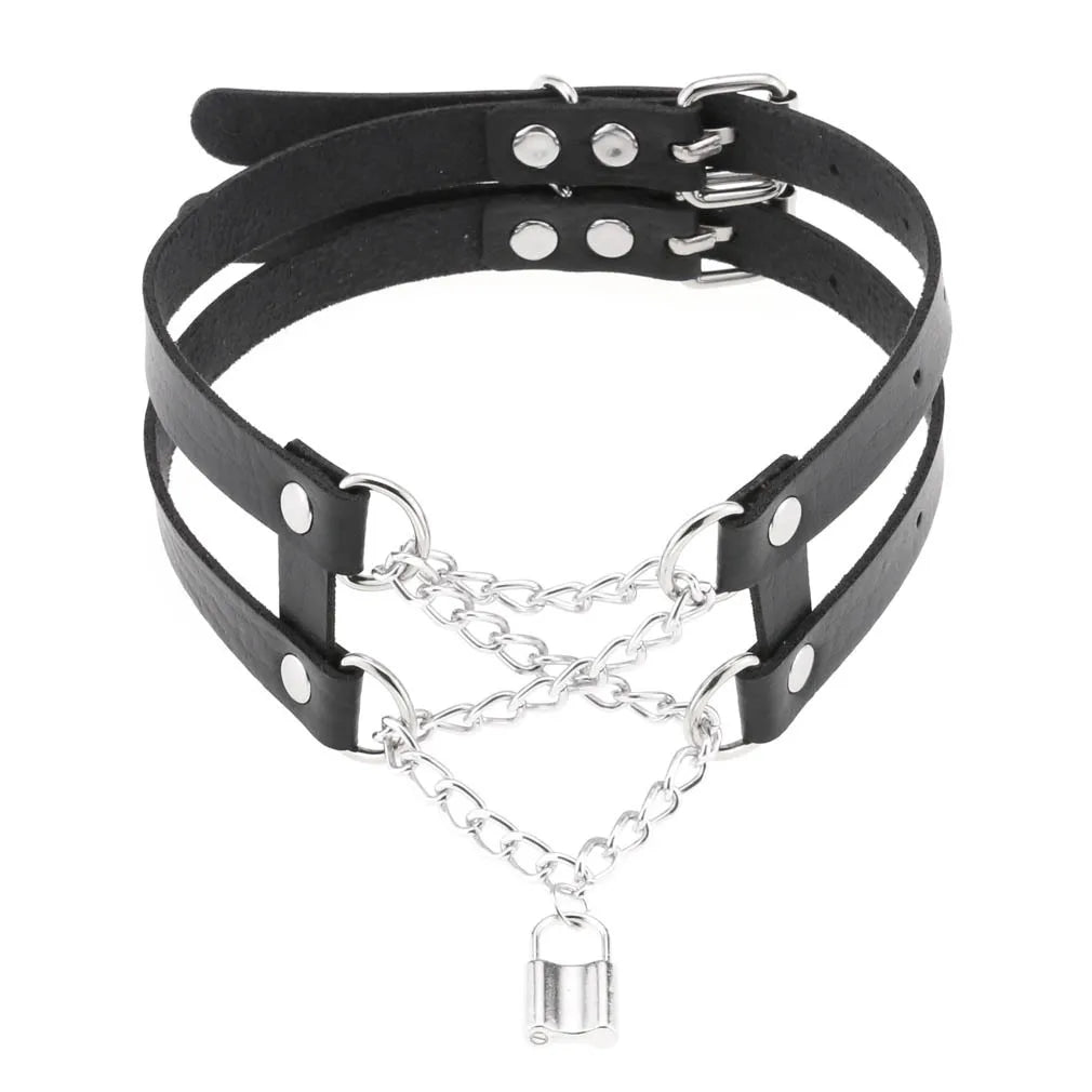 New Punk Harajuku Temperament Double Row Double Line Square Hanging Lock Necklace  PU Leather Choker Collar Necklace