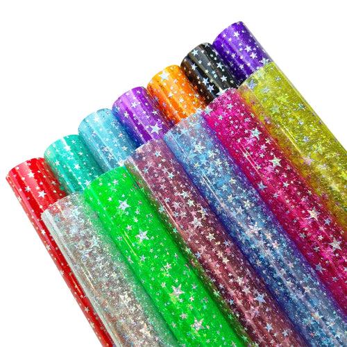 0.3mm Wholesale Eco Friendly Star Pattern PVC Clear Film Plastic Glitter Film for Making Bags Decoration Diy Hair Bows