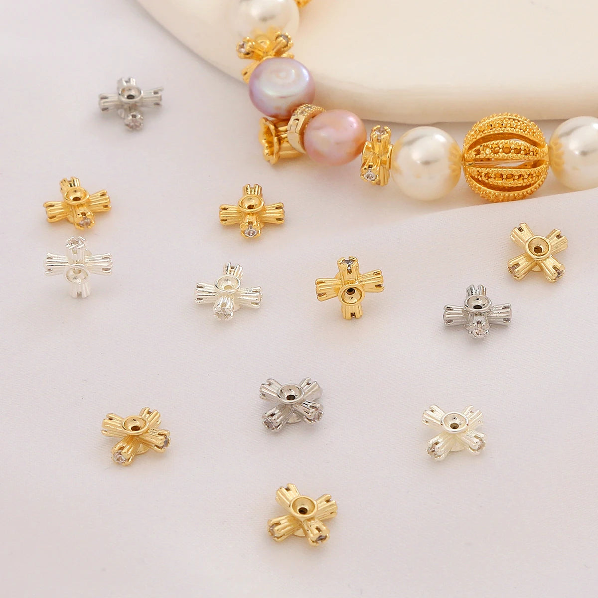 18K Gold Plated Brass Beads for Jewelry Making Four Leaf Clover Loose Bead Cross Shaped Zircon Spacer Beads