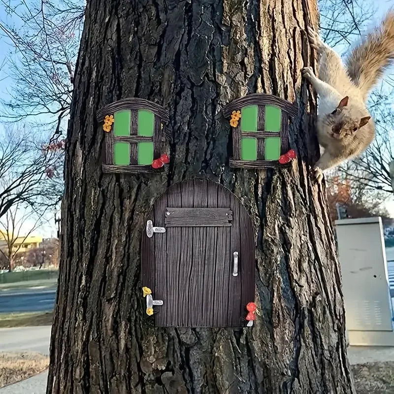 Hot Sale Home Resin Fairy House with Glowing Green Windows Miniature Tree Trunk Ornament for Outdoor Garden Decor