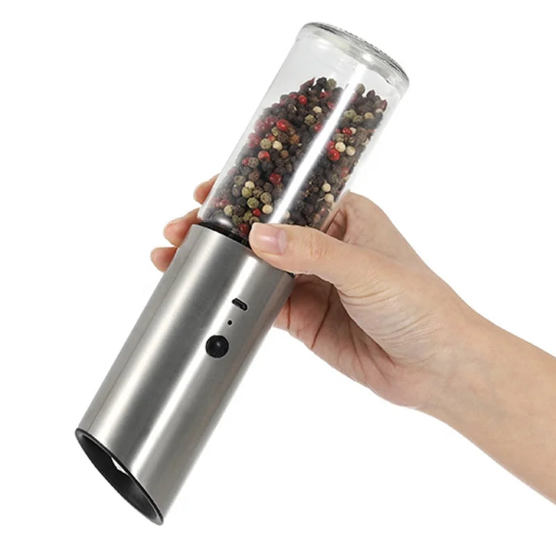 Food Grade 304 Stainless Steel Ceramic Burr Gravity USB Rechargeable Electric Spice Set Salt and Pepper Grinder with LED Light