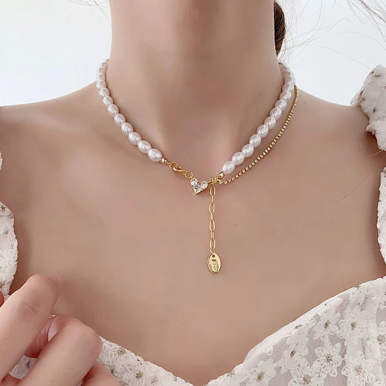 INS Fashion Jewelry Heart Crystal Necklace Choker Pearl Necklace Women