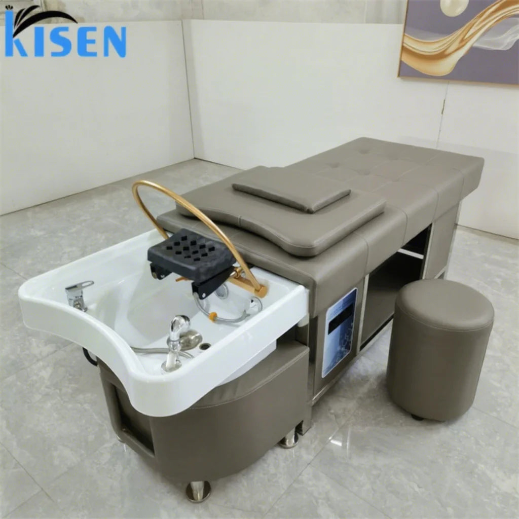 KISEN Modern Thai Style High End PU Leather Hair Washing Massage Chair Lay Down Table Shampoo Bed Chairs for Hair Beauty Salon