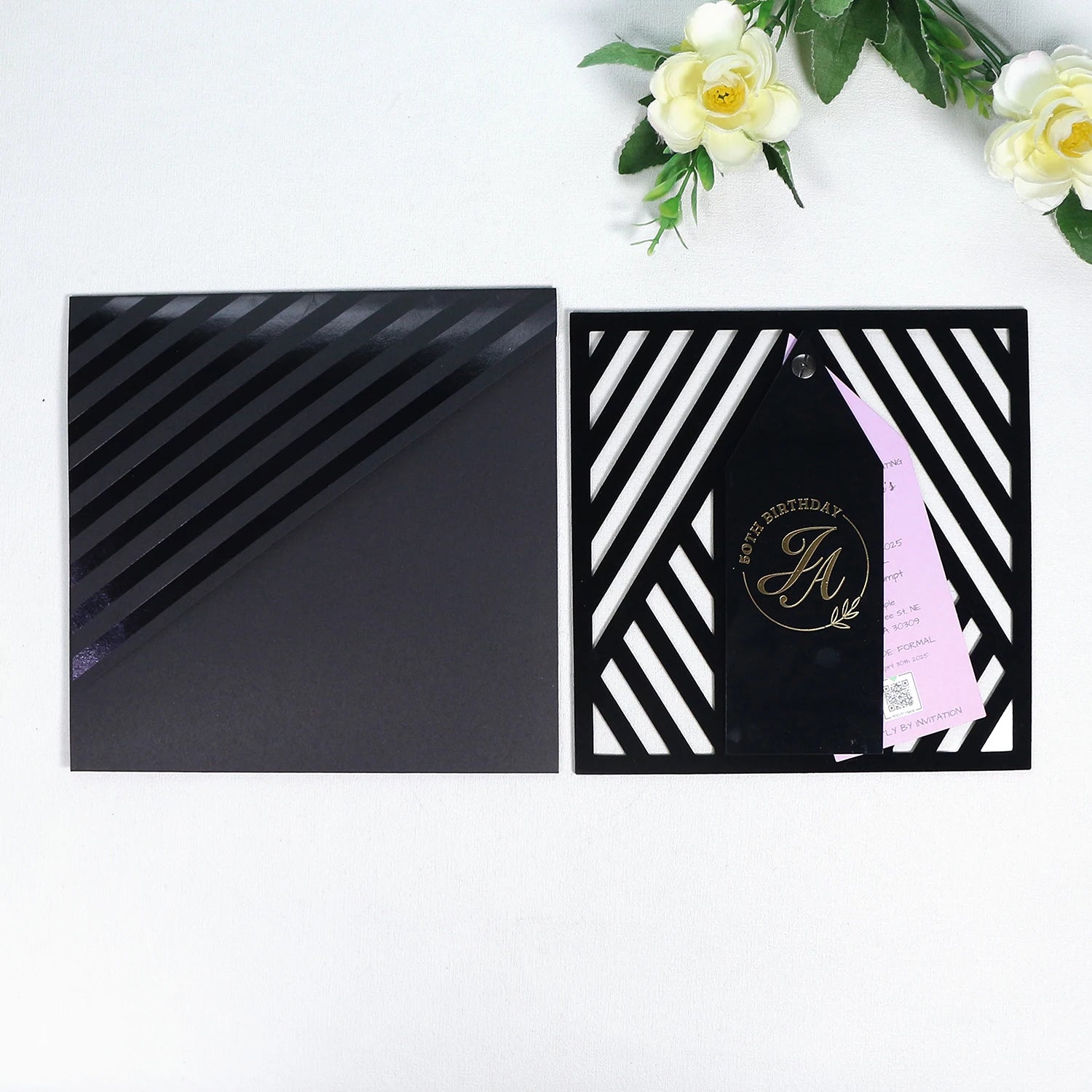 50th Birthday Creative Design Die Cut Laser Cut Black Acrylic Birthday Invitation Card With Purple Envelope Liner