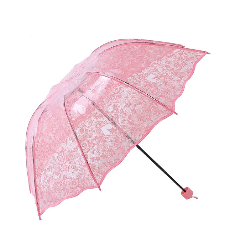 Korean Style Lace Folding Umbrella Super Thick Eco-Friendly Transparent Canopy Love Heart Print Clear Fashion Umbrella