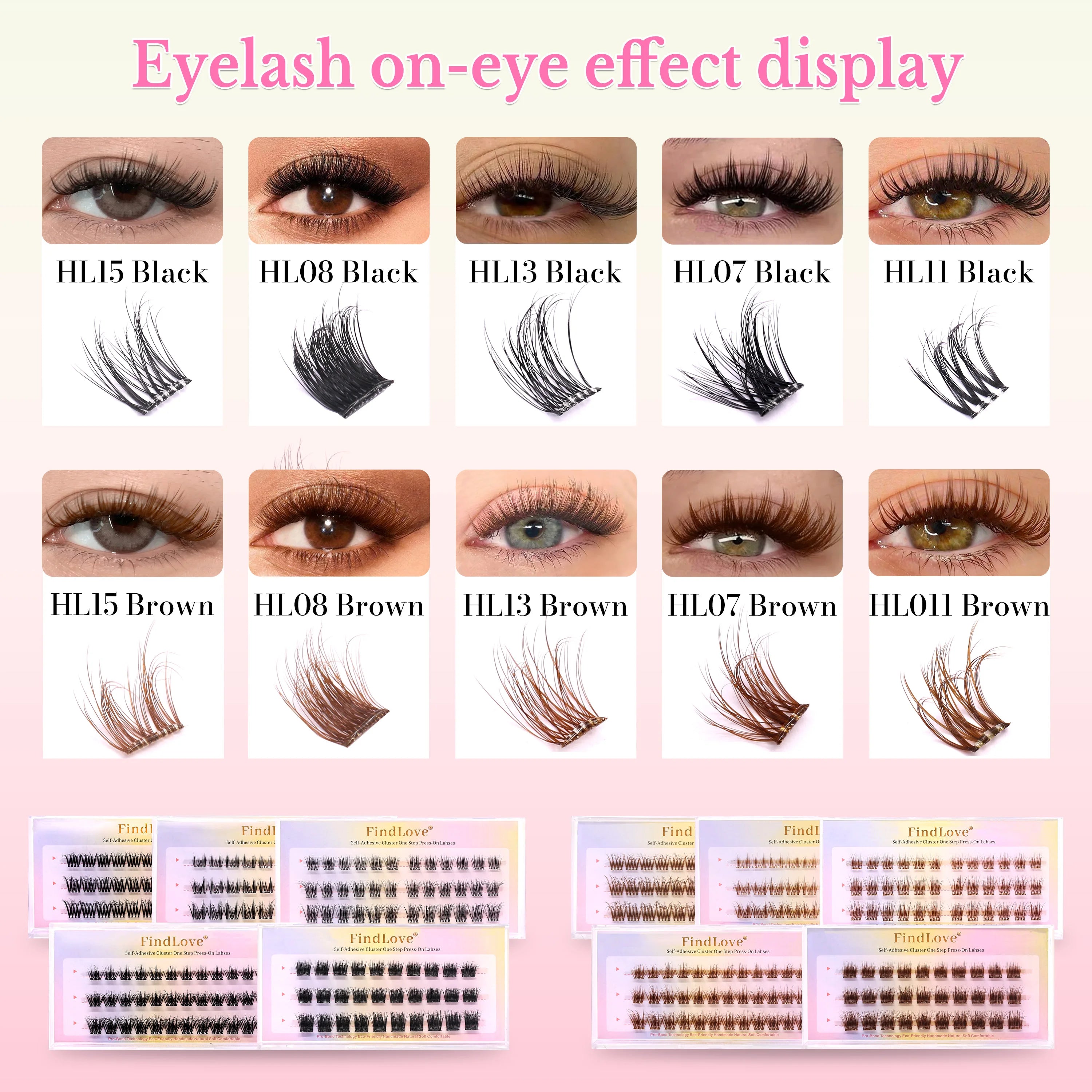 Handmade Private Label 3D Fluffy Glue Free Eyelashes Mixed Length Black Brown Pre Glued Diy Eyelashes 3 Rows No Glue Needed