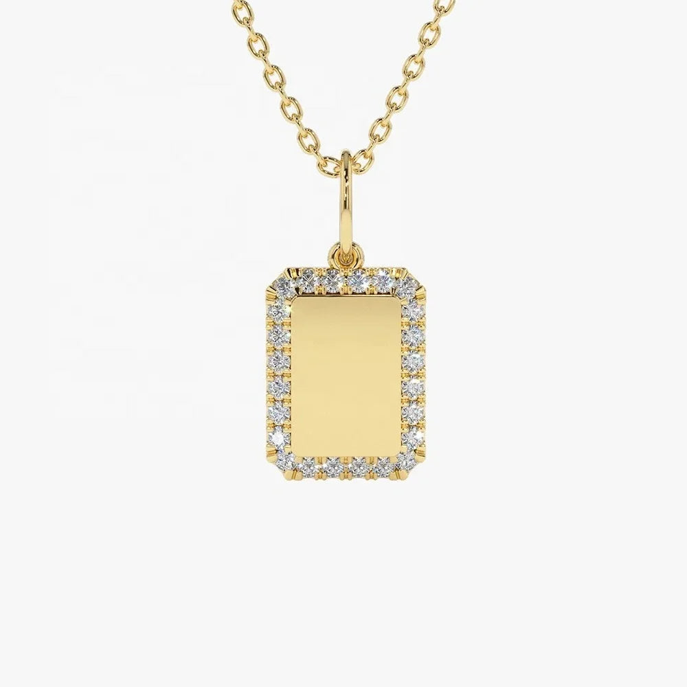 LOZRUNVE 925 Sterling Silver Pave Diamond CZ Edge Rectangle Engraved Personalized Dog Tag Pendant Necklace