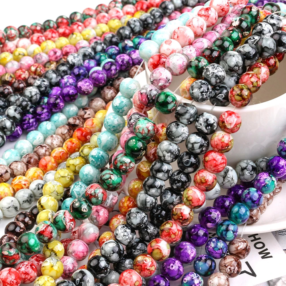 Zhubi Wholesale 8MM Crystals Glass Beads 100pcs Snow Stone Loose Round Beads for Jewelry Making DIY Bracelet Charms Kit