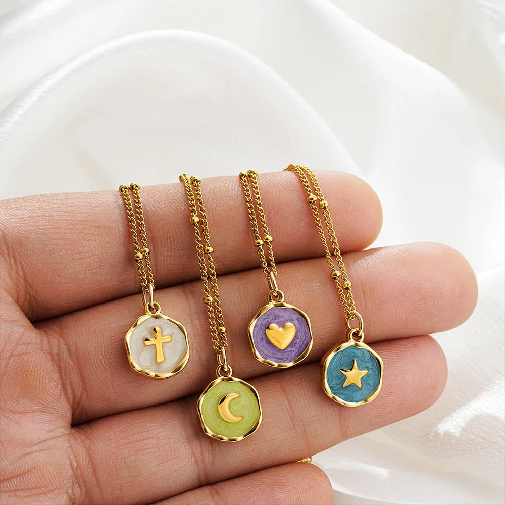 Dainty Enamel Jewelry Stainless Steel 18K Gold Trendy Coin Star Moon Cross Heart Pendant Necklace Valentine Gift Women Party