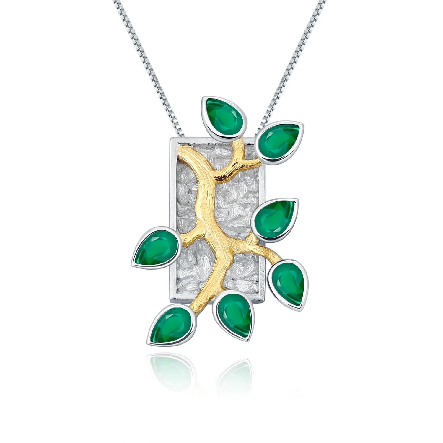 Abiding Natural Gemstone Bezel Setting Green Agate Life Tree Pendant Handmade Jewelry 925 Silver Jewelry Necklace Gold Plated