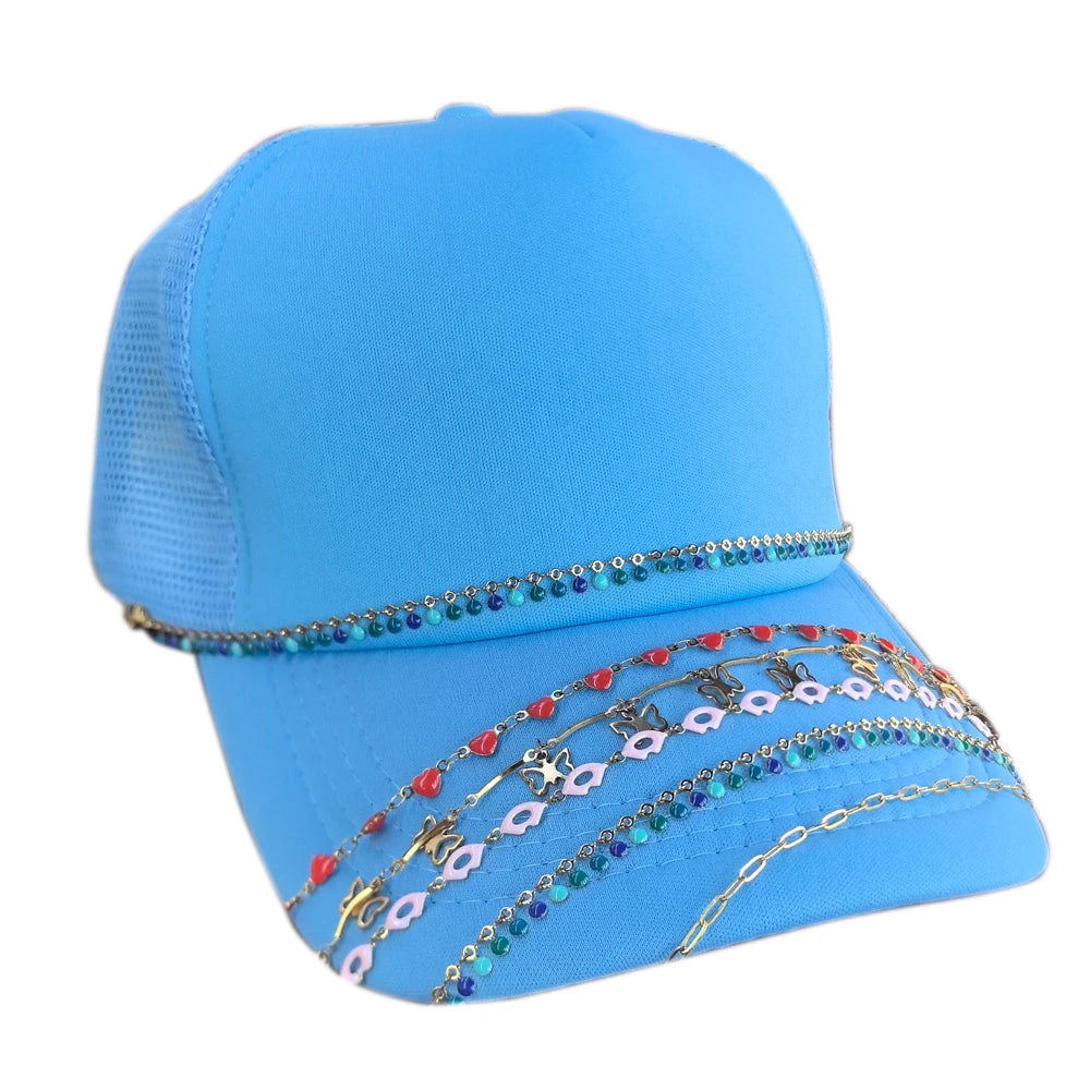 Personalized Custom Low MOQ Trucker Caps Chain Acrylic Pearl Chain Various Designs Gold Silver Sunflower Jewel Trucker Hat Chain
