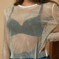 Crystal Mesh Design Ladies Blouse Long Sleeve Tops Summer Blouses for Womens