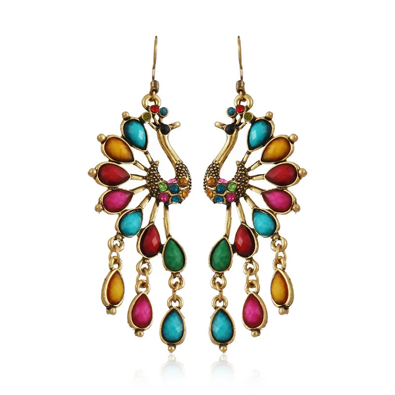 Vintage Peacock Drop Earrings Women Bohemian Ethnic Style Resin Rhinestone Dangle Earrings Indian Jewelry