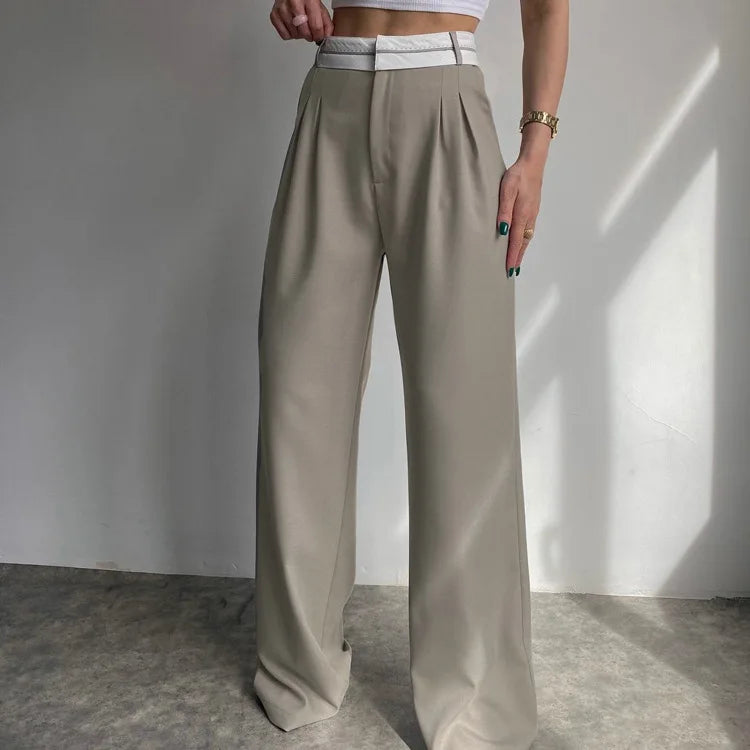 Enyami Elegant Loose Gray Khaki Office Women Pants Fashion Casual Chic Spliced Full Length High Waist Straight Trousers