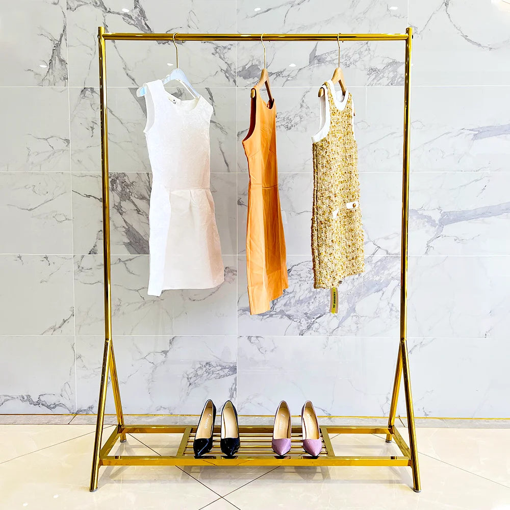 Women Store Furniture Single Pole Clothes Display Hanging Rack Floor Standing Gold Clothing Display Racks for Clothing Shop