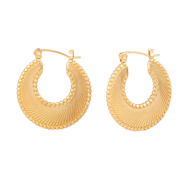 Vintage Trendy Stainless Steel Metal Textured Fashion Jewelry Earrings 18K Gold Plated  C-Shaped Charm Thread Texture Earrings