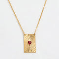 JLN0222 Joolim  18K PVD Gold Plated Waterproof Delicate Red Ruby Heart Diamond Rectangle Burst Stainless Steel Pendant Necklace