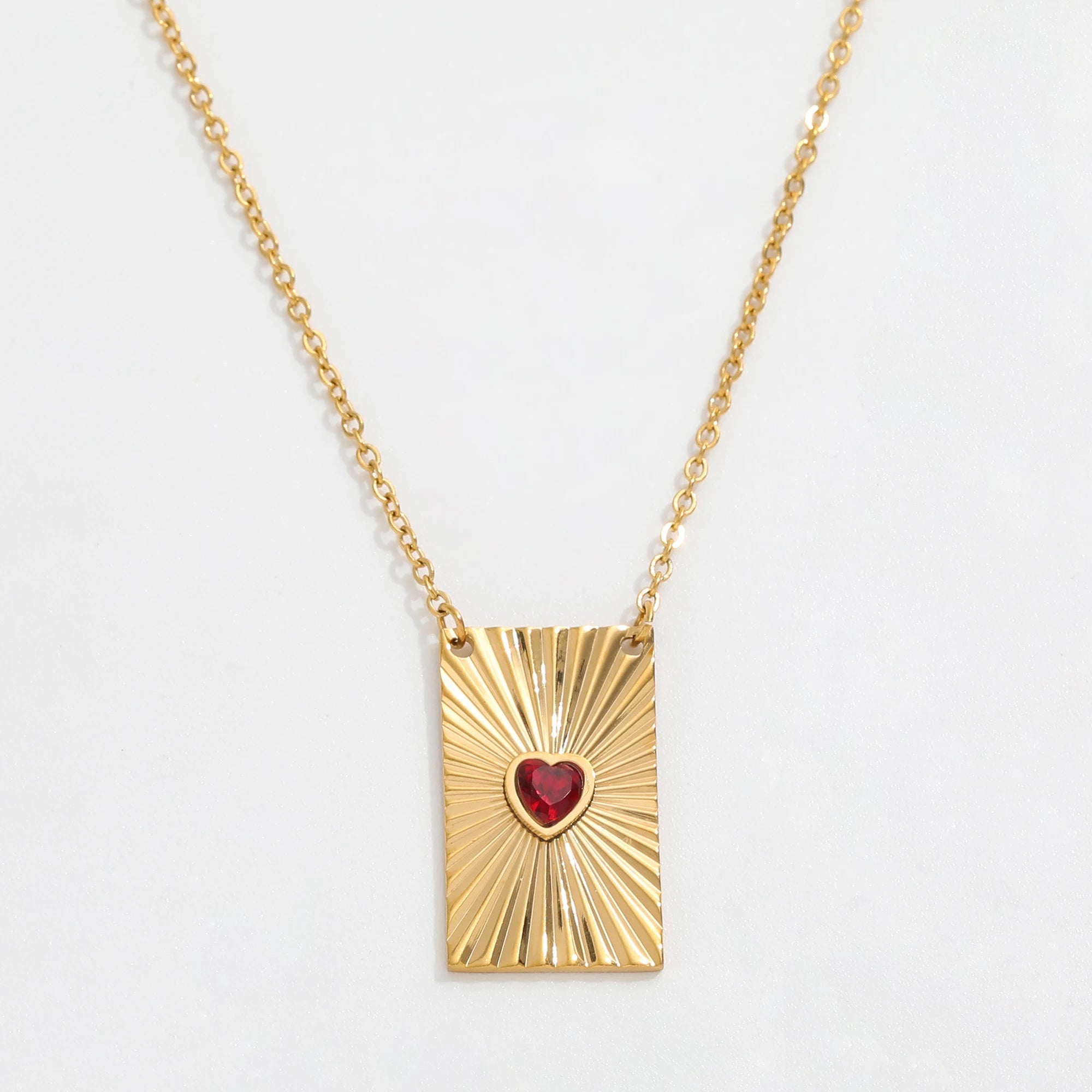JLN0222 Joolim  18K PVD Gold Plated Waterproof Delicate Red Ruby Heart Diamond Rectangle Burst Stainless Steel Pendant Necklace