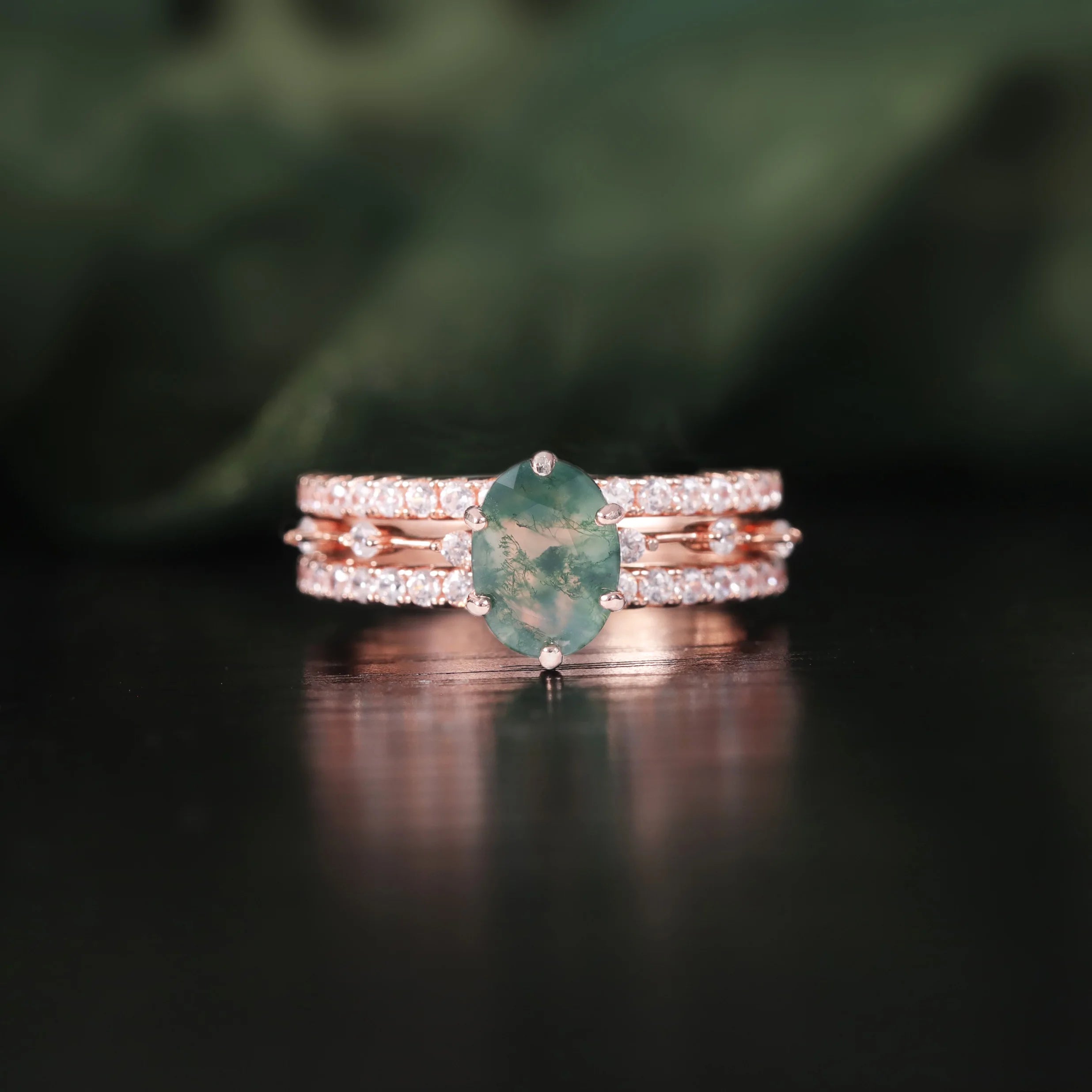 Abiding Fine Jewelry Custom Oval Natural Green Moss Agate Gemstone 925 Sterling Silver Women Engagement Wedding Ring Sets