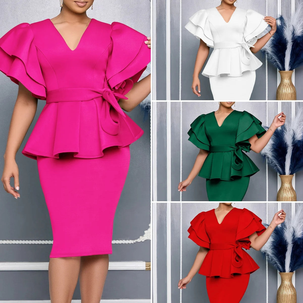 D3314 Latest Design Banquet Party Dress Women Elegant Solid Color V- Neck Ruffled Hip Wrap African Dresses for Women Clothing
