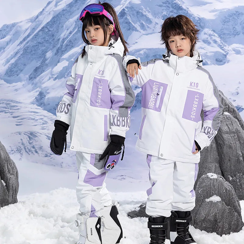 Customized Kids Waterproof Snowboarding Suit Reflective Stripe Warm Hooded Jacket and Pants for Children